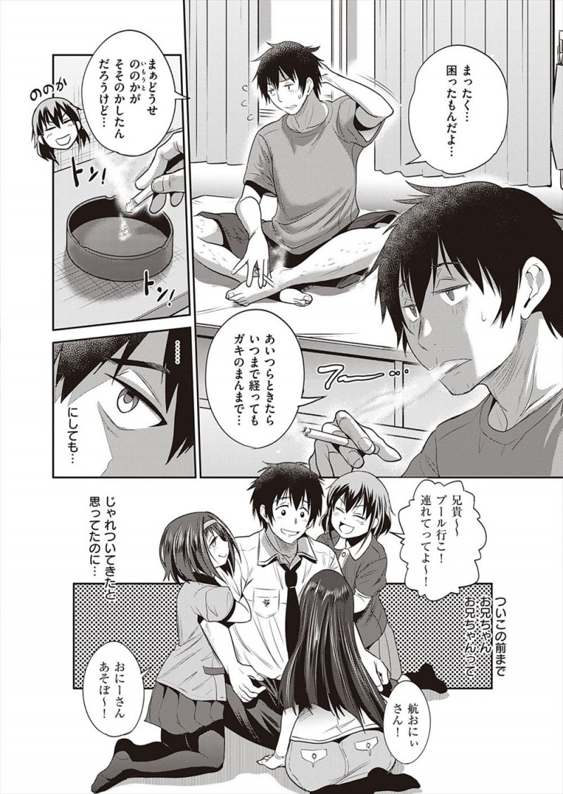 【エロ漫画】性に興味津々の妹の友達にオナニー姿をみられた男が脅されて素股でちんこをもてあそばれていたが、我慢できず彼氏がいる妹の友達の処女を奪い中出しセックスしてしまう！